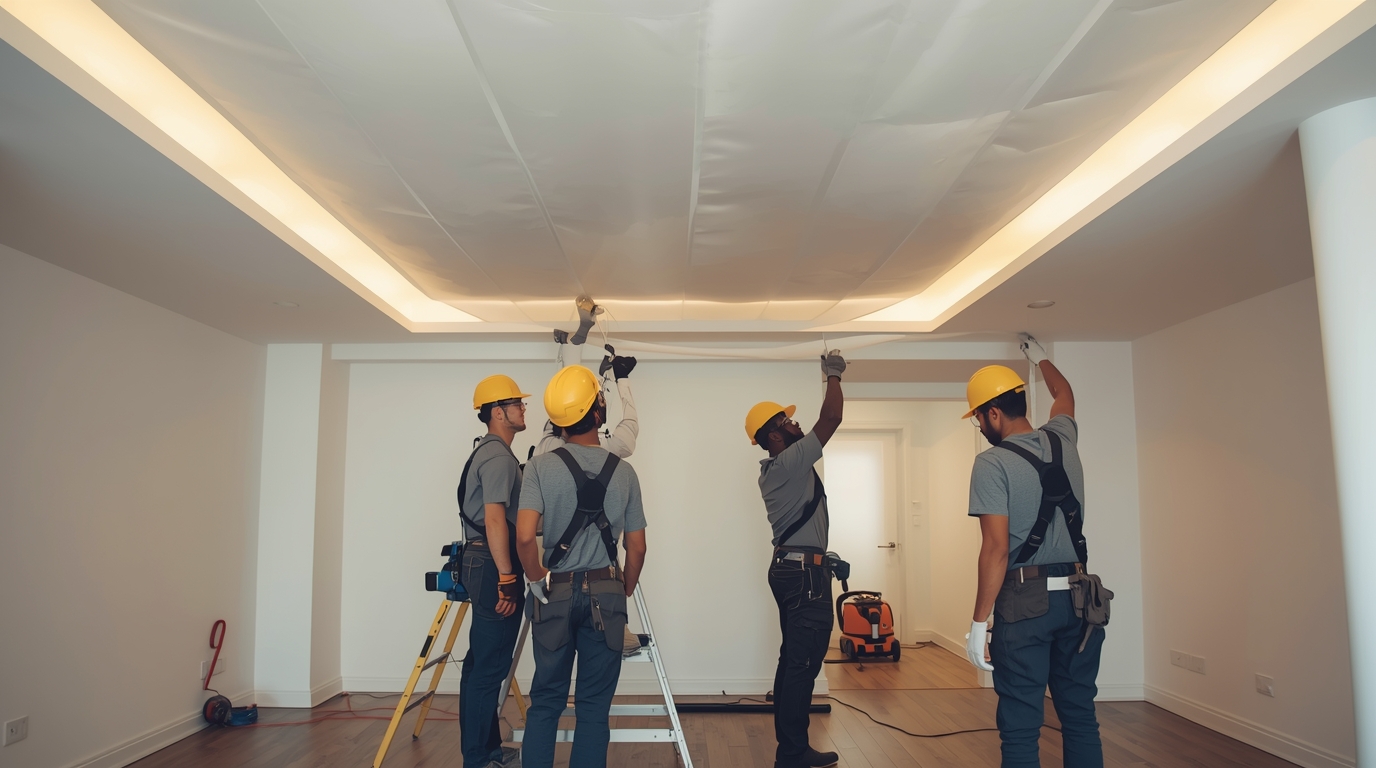 Wealthyiuautomat team dat een stretch plafond installeert